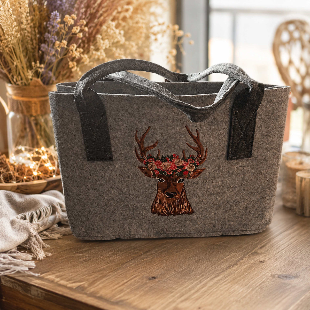 Stilvolle Filz-Handtasche mit edler Hirsch-Stickerei – Geräumiger Shopper im Landhaus-Design
