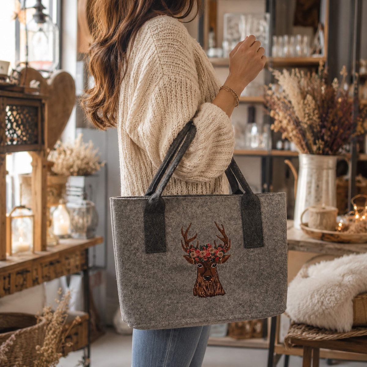 Stilvolle Filz-Handtasche mit edler Hirsch-Stickerei – Geräumiger Shopper im Landhaus-Design