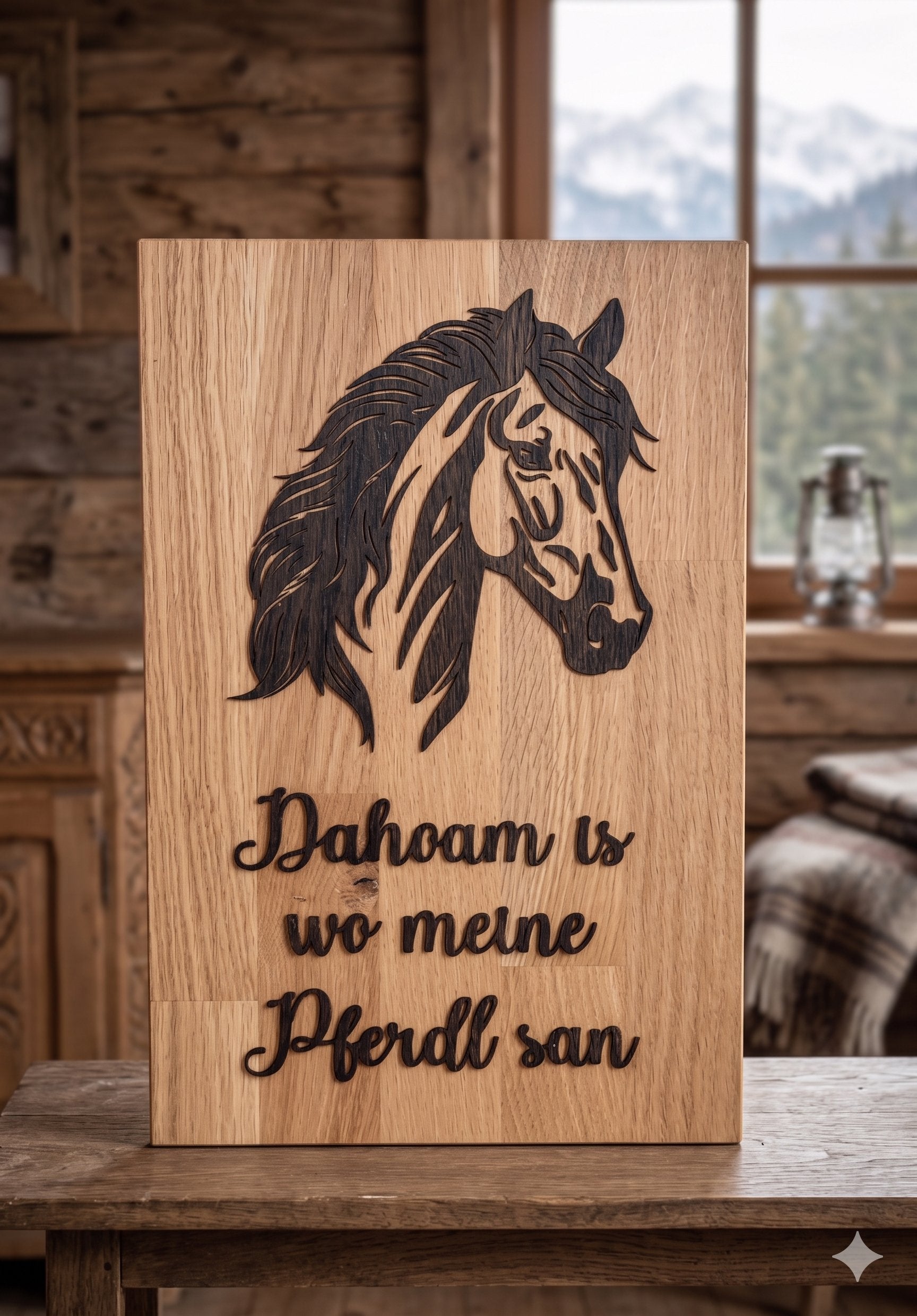 Graviertes Eichenbrett "Dahoam is wo meine Pferdl san"