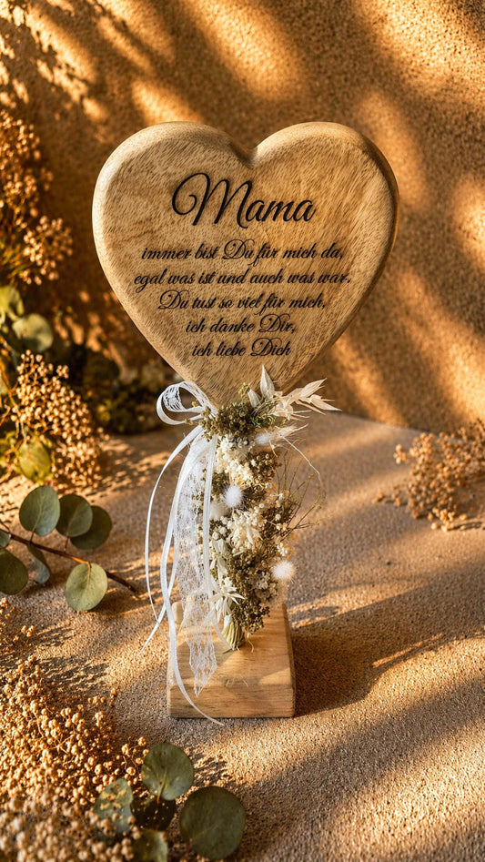 Holzherz am Stiel mit Muttertagsspruch und Trockenblumen
