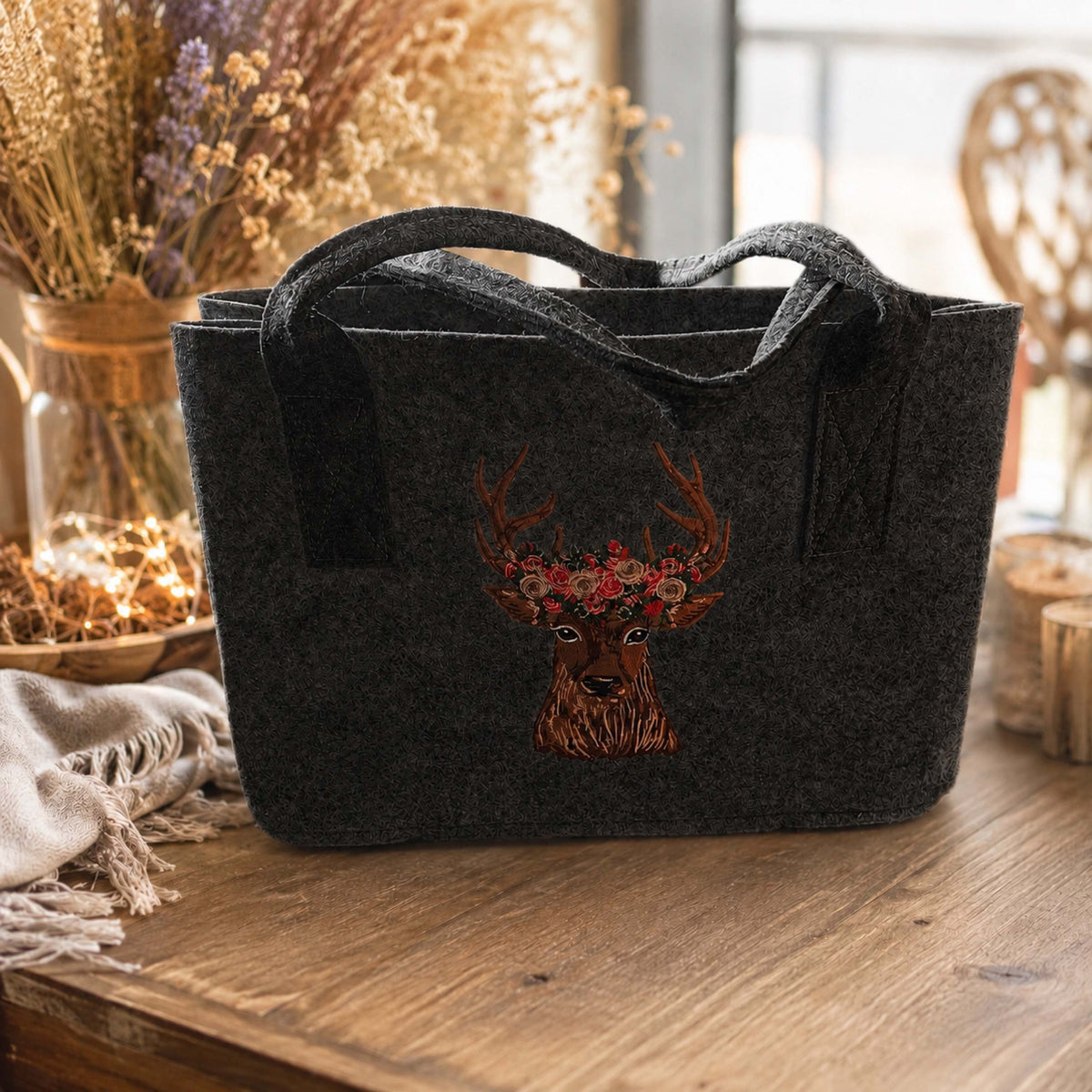 Stilvolle Filz-Handtasche mit edler Hirsch-Stickerei – Geräumiger Shopper im Landhaus-Design