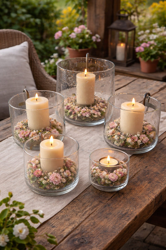 Windlicht aus Glas mit Metalleinsatz