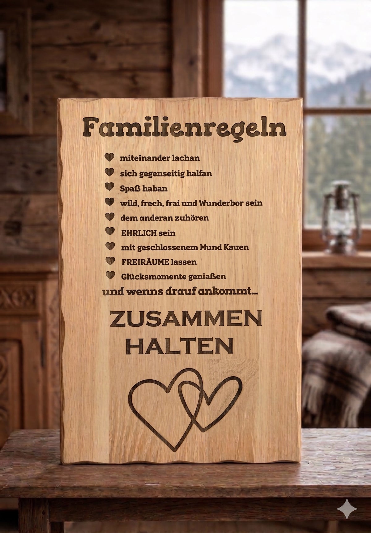 Graviertes Eichenbrett "Familienregeln"