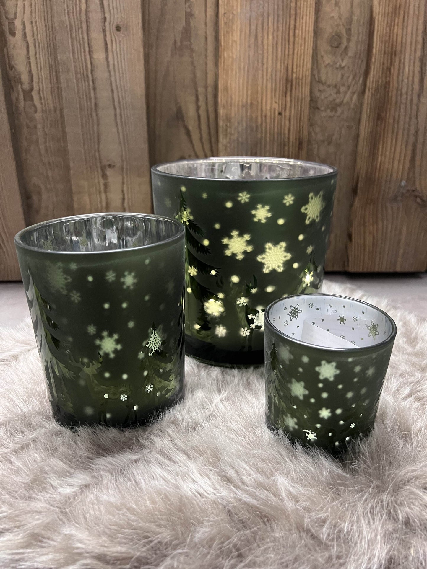 Windlicht grün mit Waldmotiv