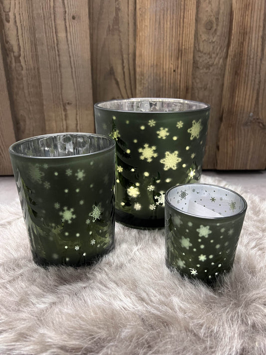 Windlicht grün mit Waldmotiv