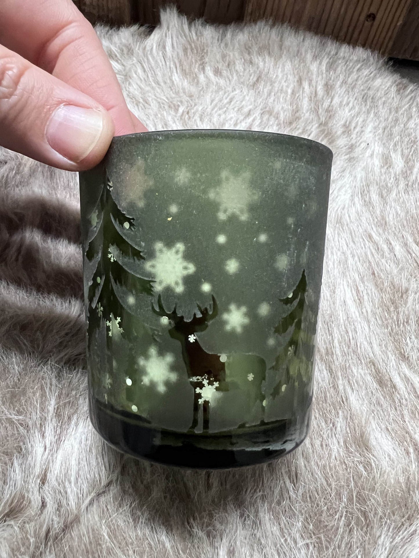 Windlicht grün mit Waldmotiv