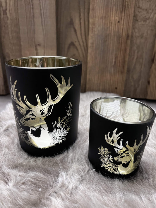 Windlicht schwarz mit Hirschmotiv