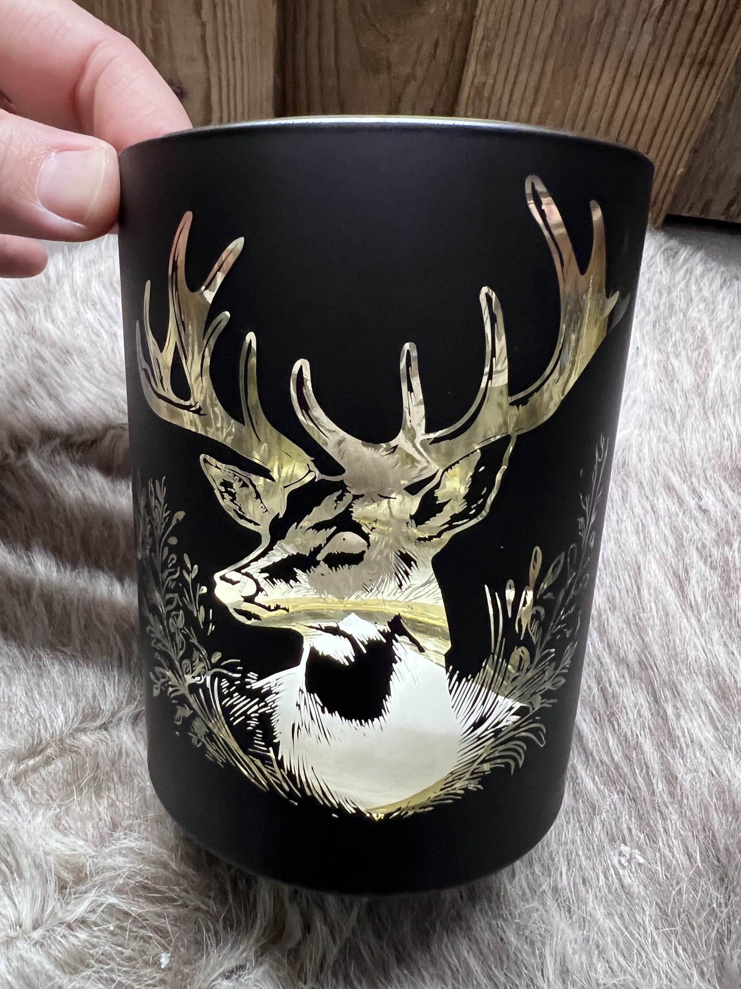 Windlicht schwarz mit Hirschmotiv