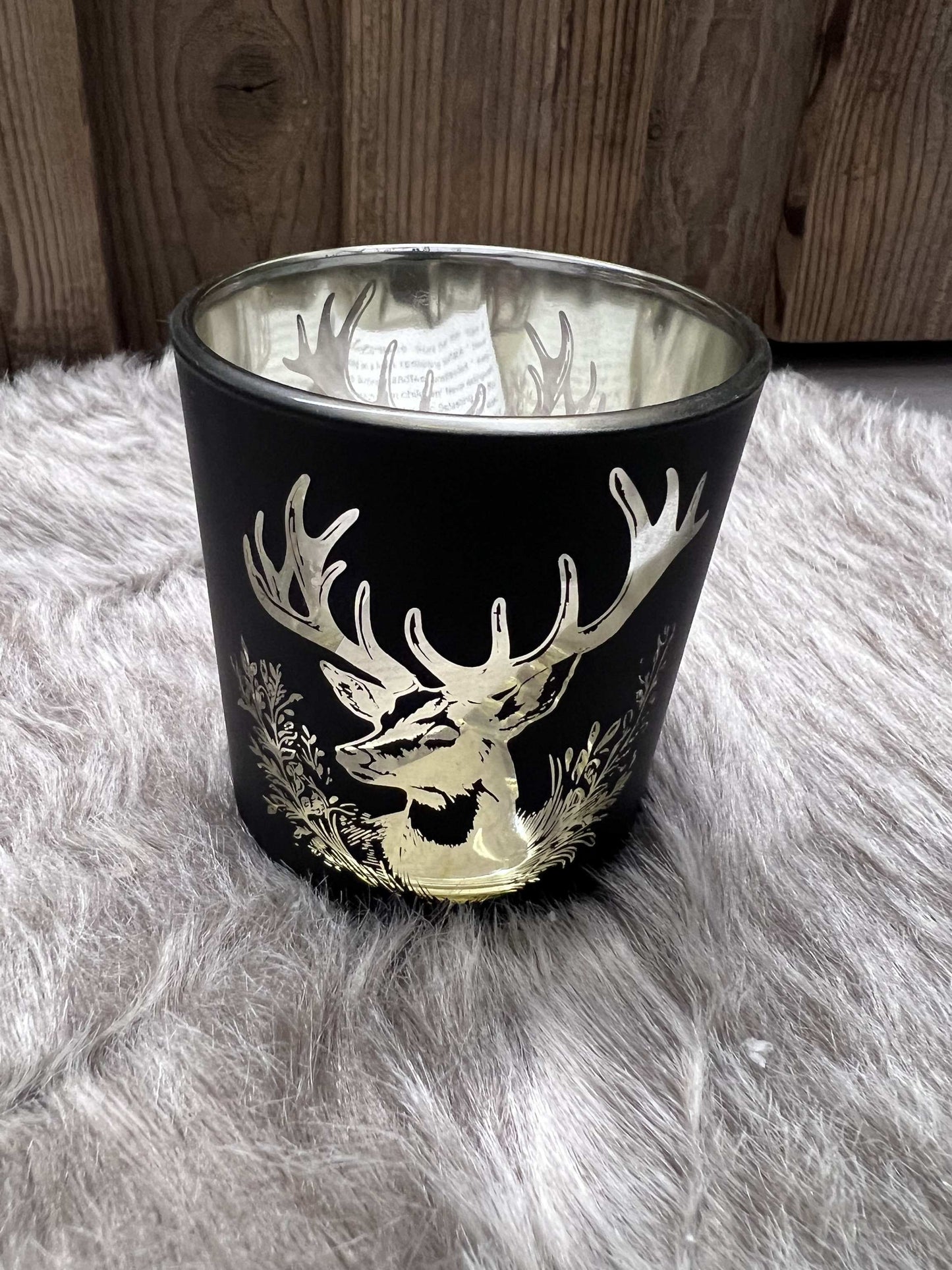 Windlicht schwarz mit Hirschmotiv