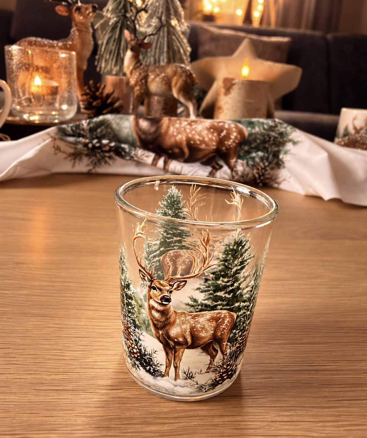 Teelichtglas mit Hirsch-Motiv