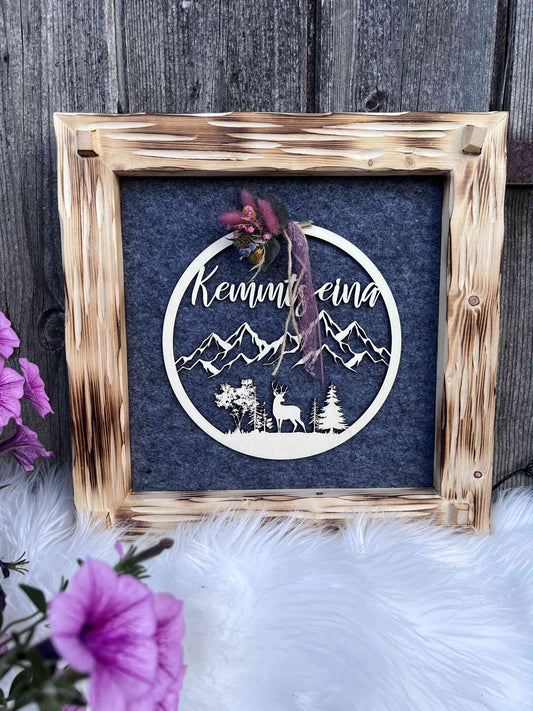 Holzrahmen 35*35cm "Kemmts eina" geflammt 1