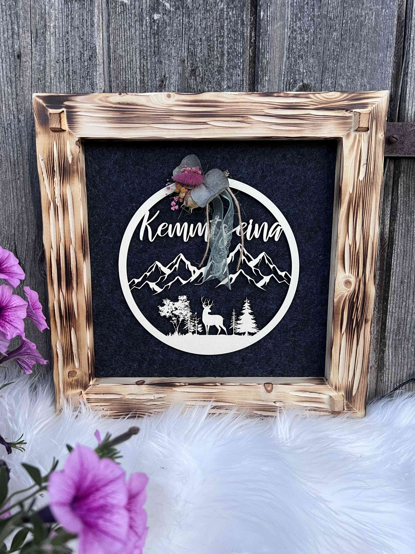 Holzrahmen 35*35cm "Kemmts eina" geflammt 2