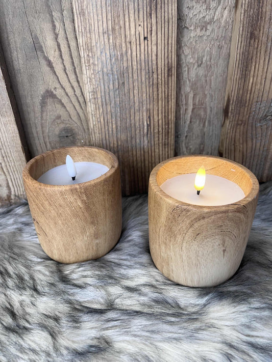 LED Kerze aus Echtwachs  Holzoptik